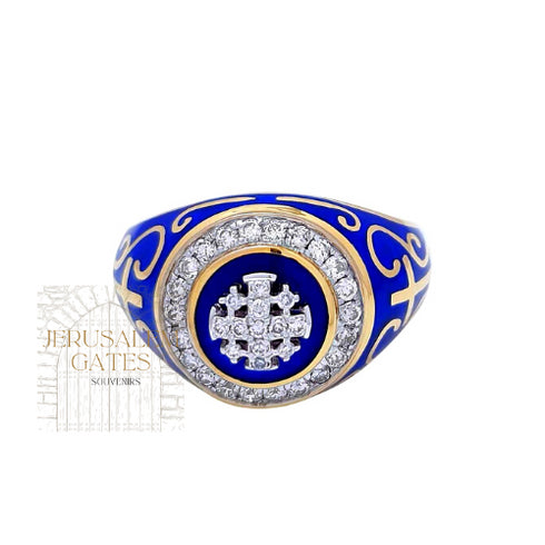 14K Gold With Diamonds and Blue Enamel Jerusdalem Cross Ring
